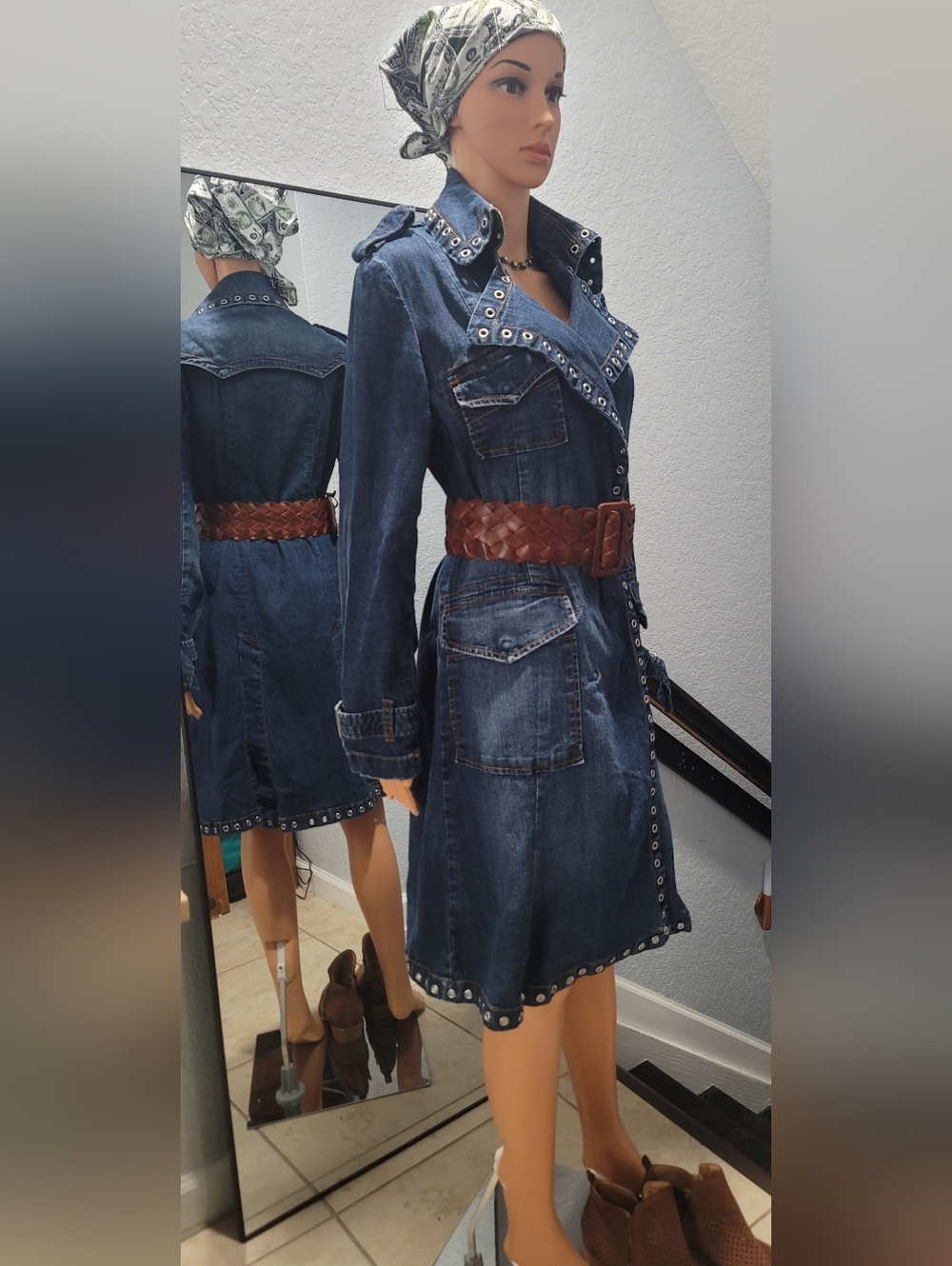 Denim robe-dress with silver eyelets on rivets, L. Sold without a belt